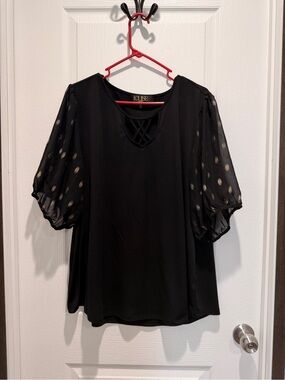 LQ LOUISE Paris Black Blouse 3X Sheer Polka Dot Sleeves Boho Chic Top